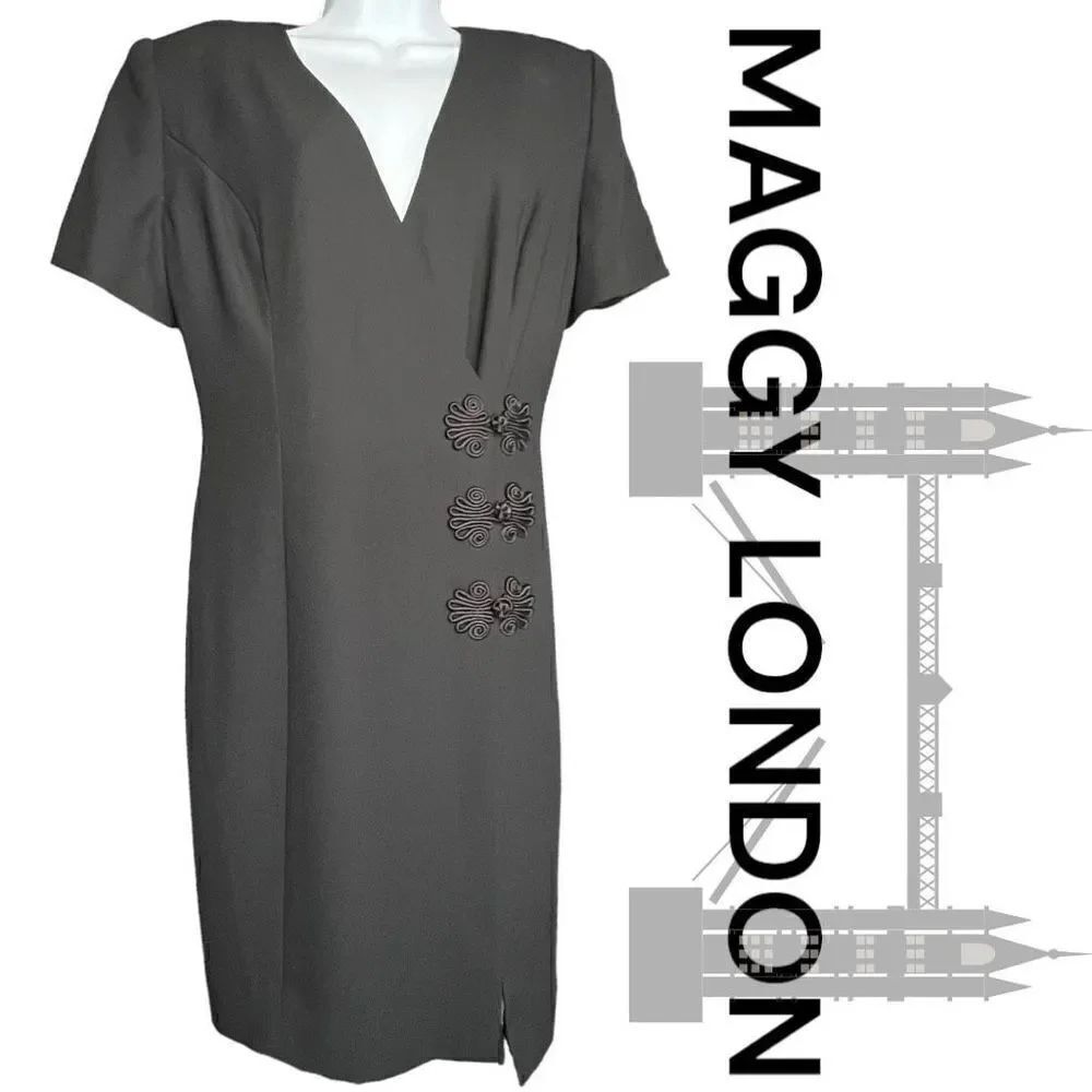 Maggy London Women's Faux Wrap Short Sleeve Evening Dress Gown Black Size 6